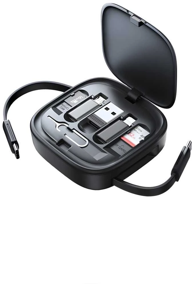 USAMS 3in1 ištraukiamas laidas su dėžute, MicroUSB/USB-C/Lightning, 60W, plienas/tamsus, SJ650USB01