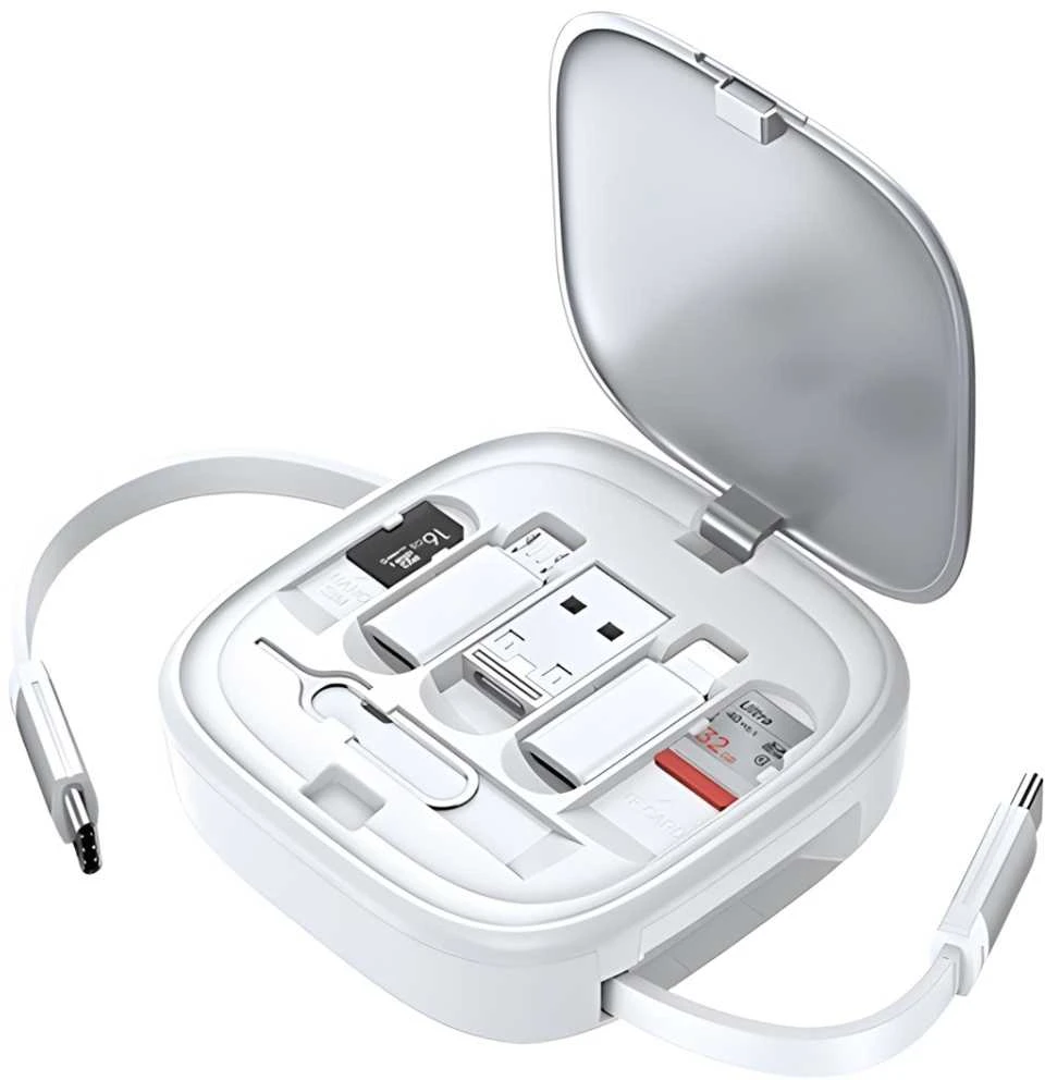USAMS 3in1 išplečiamas kabelis su „BoxMicroUSB/USB-C/Lightning“ 60W sidabrinis SJ650USB02