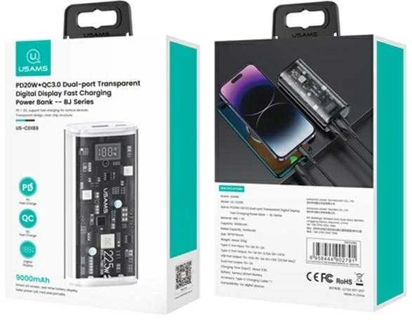 USAMS išorinė baterija 9000mAh PD 20W QC3.0+PD dviejų prievadų greito įkrovimo baltas 10KCD18902 (US-CD189)