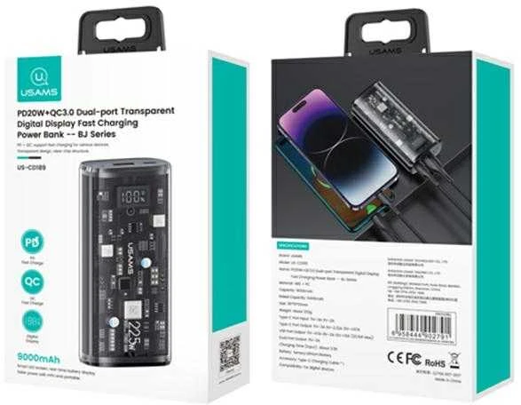 USAMS išorinė baterija 9000mAh PD 20W QC3.0+PD dviejų prievadų greito įkrovimo juodas 10KCD18901 (US-CD189)