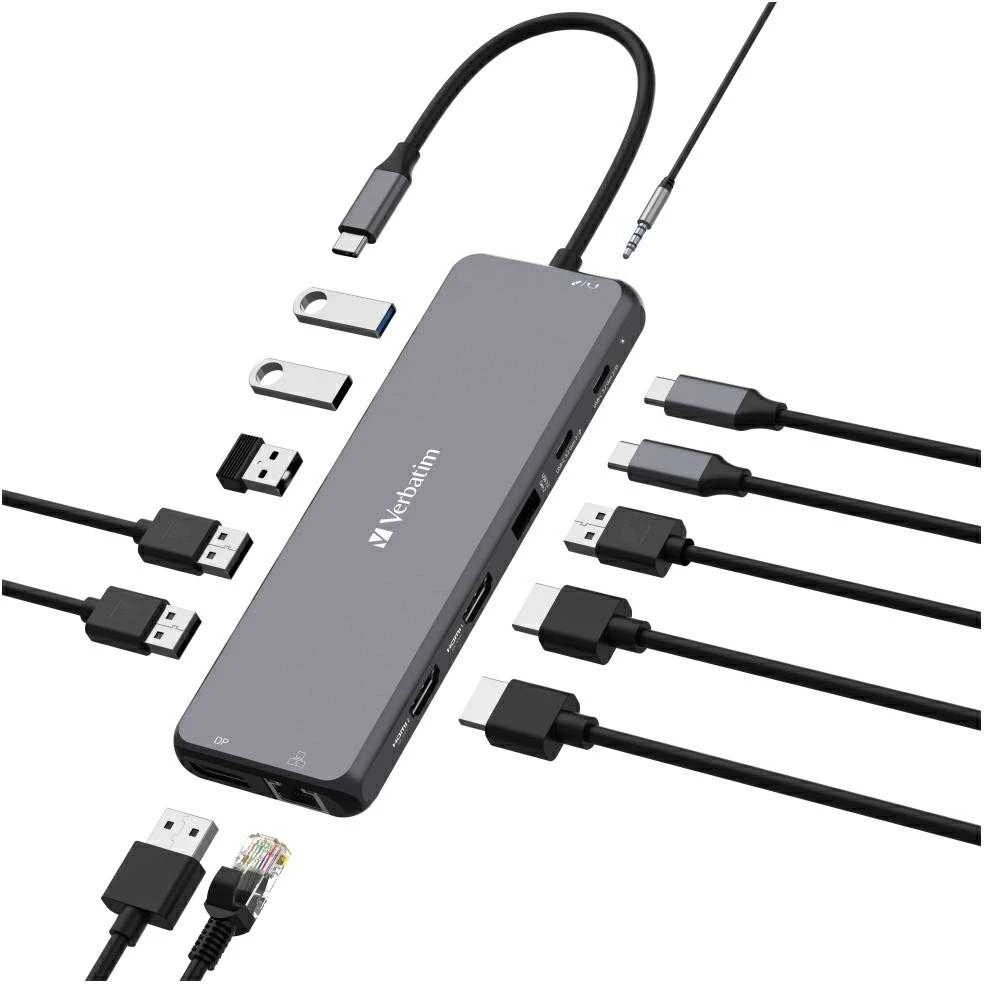Verbatim Adapteris Hub USB-C – 2xHDMI/DP/ Eternet/6xUSB-A/Jack 3.5mm/2xUSB-C pilkos spalvos 32153