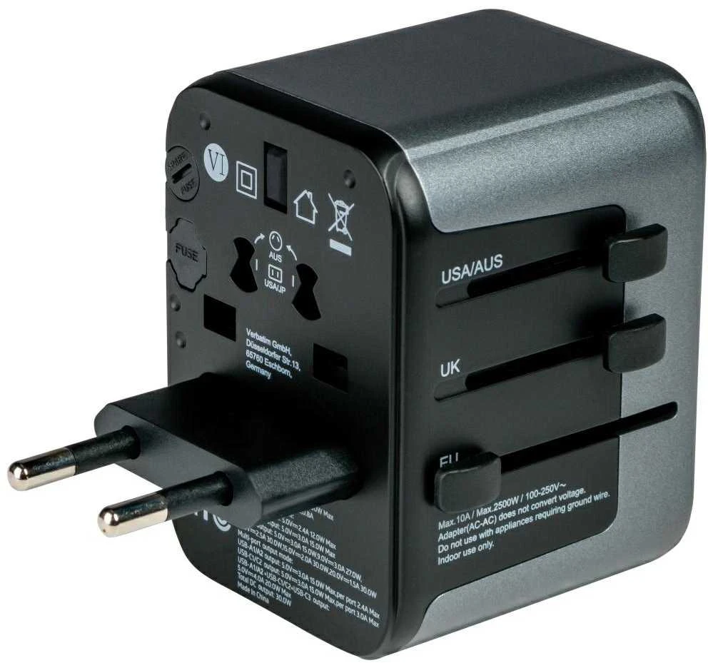 Verbatim Adapteris kelioninis EU/UK/US 2xUSB-A/2xUSB-C PD 30W UTA-03 juodos spalvos 49545