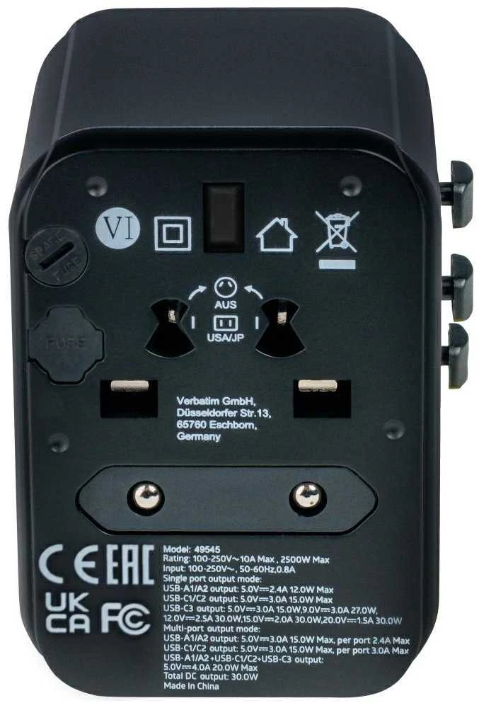 Verbatim Adapteris kelioninis EU/UK/US 2xUSB-A/2xUSB-C PD 30W UTA-03 juodos spalvos 49545