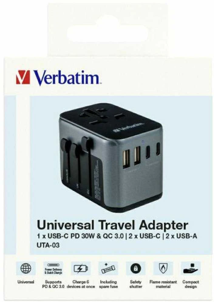 Verbatim Adapteris kelioninis EU/UK/US 2xUSB-A/2xUSB-C PD 30W UTA-03 juodos spalvos 49545
