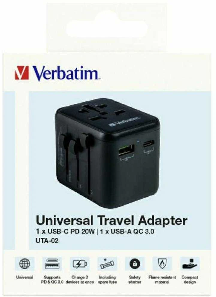 „Verbatim“ universalus kelioninis adapteris UTA-02 su USB-C PD ir USB-A QC jungtimi, Juodas