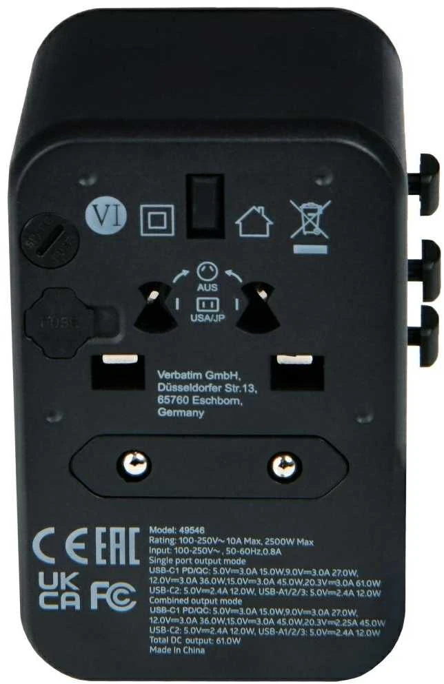 Verbatim Adapteris kelioninis EU/UK/US 3xUSB-A/2xUSB-C PD 61W UTA-04 juodos spalvos 49546