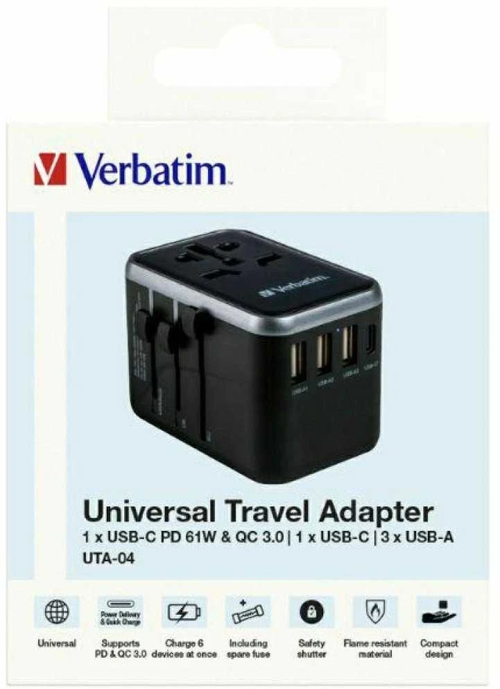 Verbatim Adapteris kelioninis EU/UK/US 3xUSB-A/2xUSB-C PD 61W UTA-04 juodos spalvos 49546