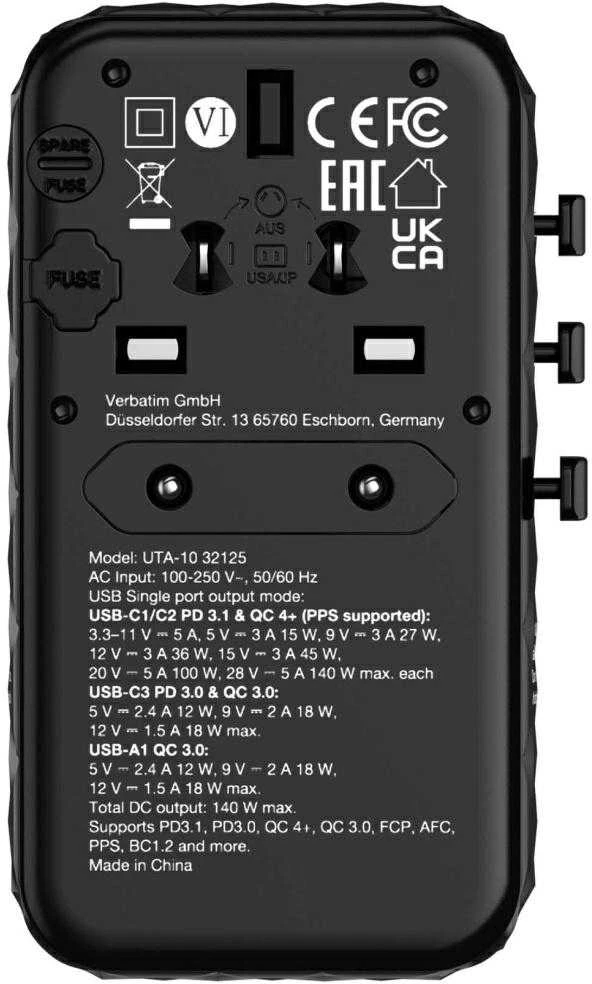 Verbatim kelioninis adapteris EU/UK/US GaN USB-A/3xUSB-C PD 140W UTA-10 juodas 32125