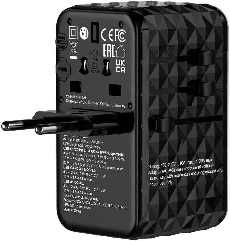 Verbatim kelioninis adapteris EU/UK/US GaN USB-A/3xUSB-C PD 140W UTA-10 juodas 32125