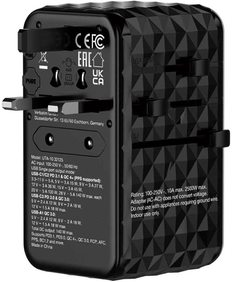 Verbatim kelioninis adapteris EU/UK/US GaN USB-A/3xUSB-C PD 140W UTA-10 juodas 32125