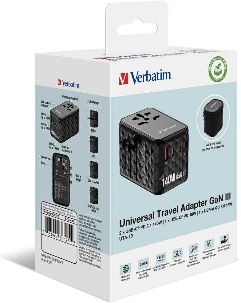 Verbatim kelioninis adapteris EU/UK/US GaN USB-A/3xUSB-C PD 140W UTA-10 juodas 32125