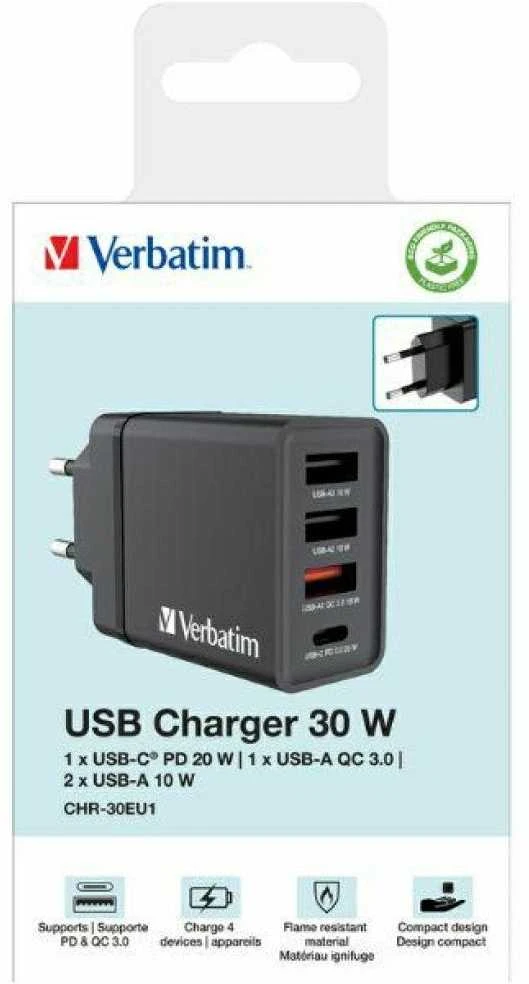 Verbatim 30W Laidinis įkroviklis 3xUSB-A/USB-C PD 3.0 CHR-30EU2 juodos spalvos 49700