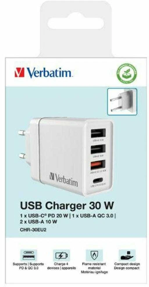 Verbatim 30W Laidinis įkroviklis 3xUSB-A/USB-C PD 3.0 CHR-30EU2 baltos spalvos 49701