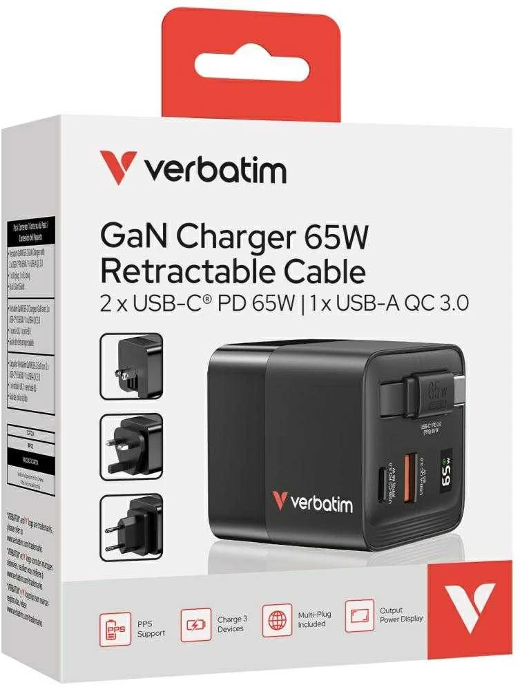 Verbatim GaN sieninis įkroviklis, 65 W, 2 prievadai, USB-C laidas, sulankstomas JAV kištukas su ES / JK adapteriais