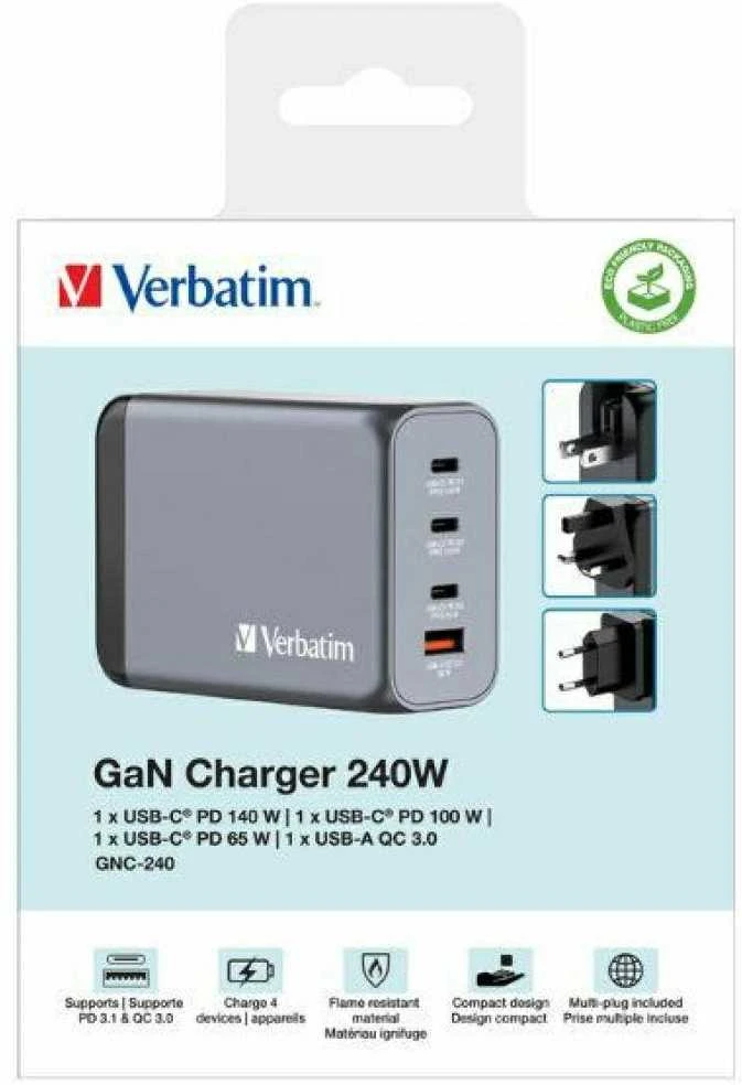 VERBATIM įkroviklis GNC-240 GaN su 4 prievadų 240 W USB oro kondicionieriumi ES / JK / JAV