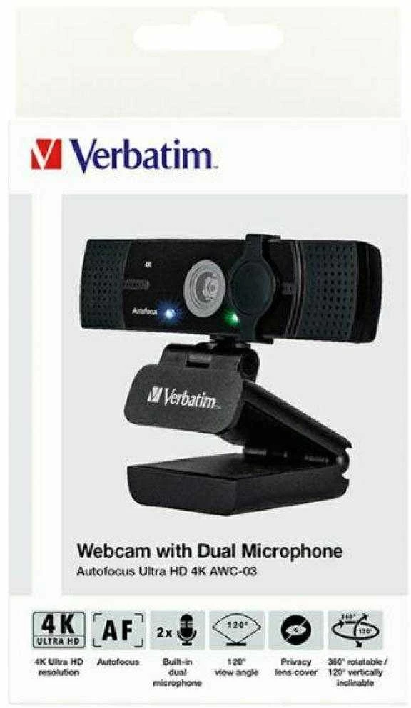 Internetinė kamera Verbatim su podwójnym mikrofonem Ultra HD 4K AWC-03 juoda/juodas 49580