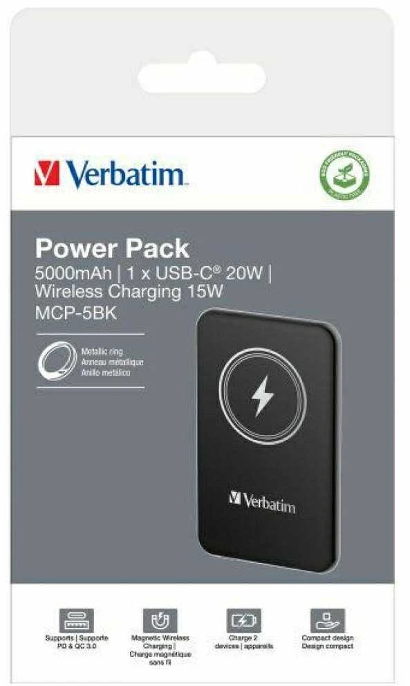 Verbatim Powerbank indukcinis `n` Go 15W 5000mAh belaidis Magnetic juodos spalvos 32240