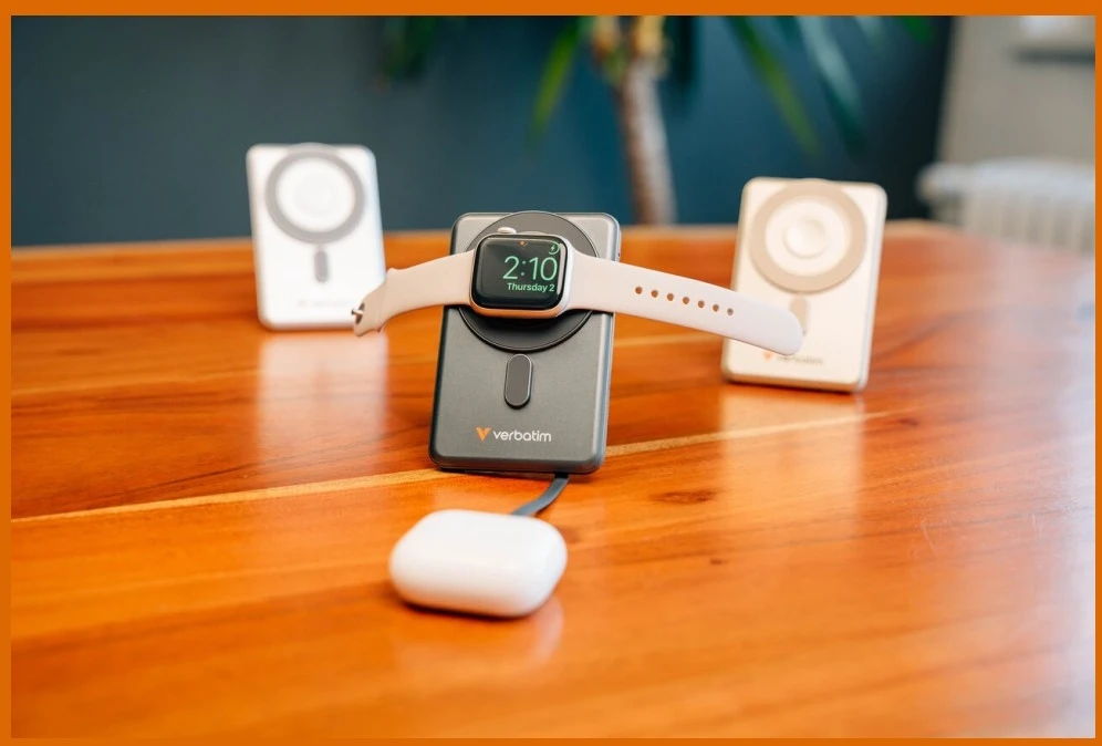 „Verbatim Charge ‘n’ Go 2C“ magnetinė belaidė išorinė baterija su stovu, 5000 mAh, 2 × USB-C, pilka