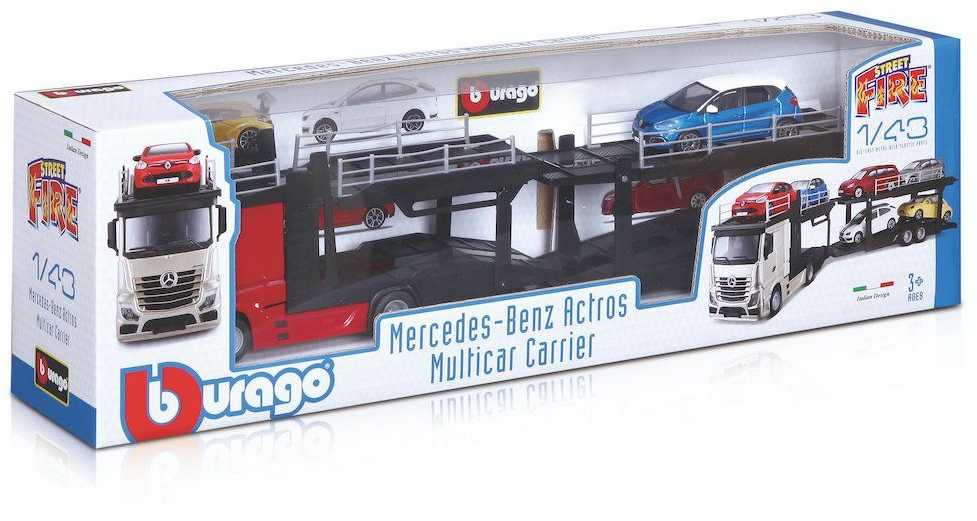 BBURAGO 1/43 Street Fire auto vilkikas Mercedes Benz Actros su automobiliu, asort., 18-31458