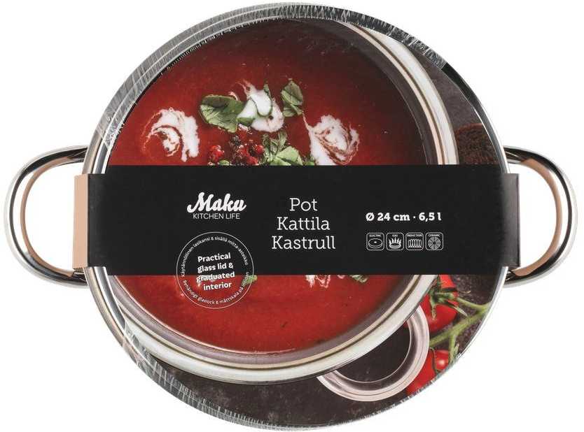 Maku Kitchen Life Basic nerūdijančio plieno puodas su stikliniu dangčiu 6,5 L 24 cm