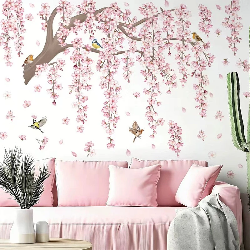 Sienų lipdukas Žydinti sakura su paukšteliais