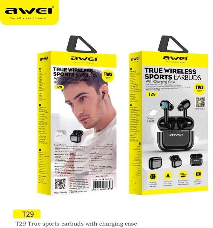 AWEI Bluetooth 5.0 T29 TWS ausinės + docking station juodos spalvos