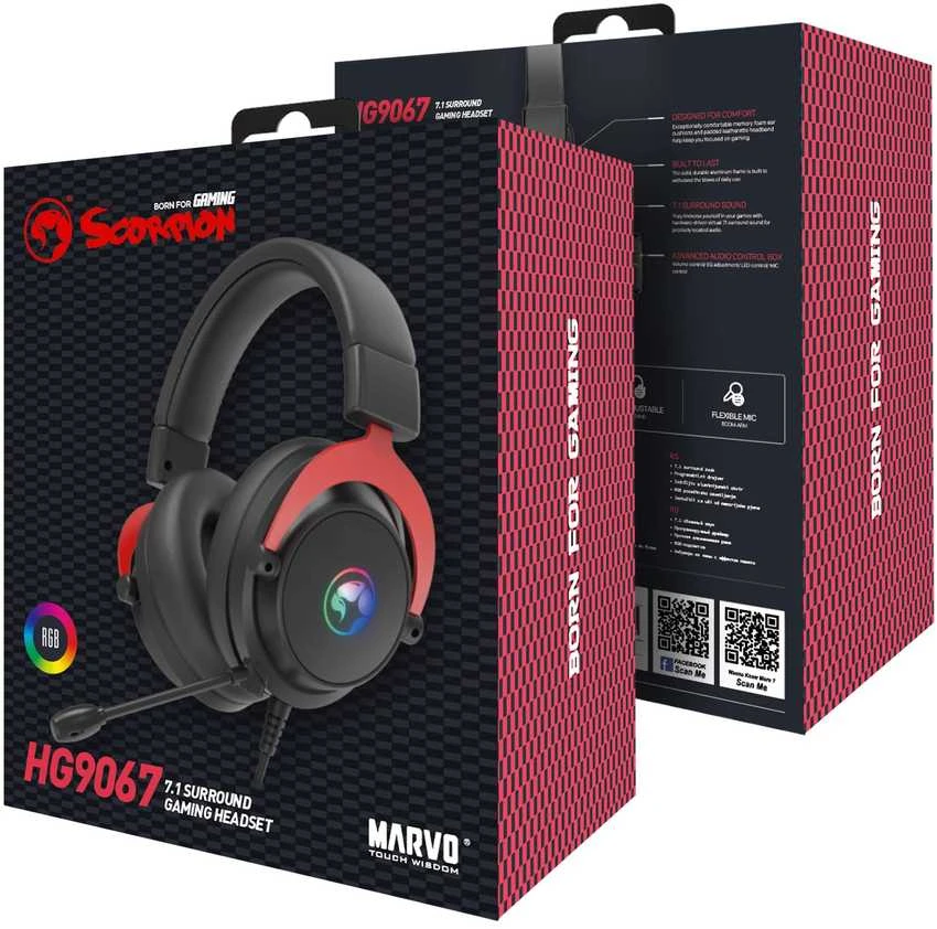 MARVO HG9067 Tactic 70 RGB Laidinės žaidimų ausinės | USB | Juodos