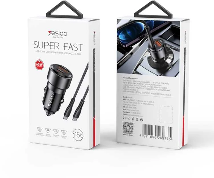 Aut.krov.Yesido Y55 60W USB X Type-C + TC–TC laidas