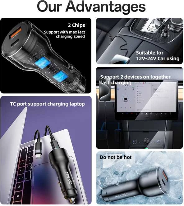 Automatinis įkrovimas Yesido Y65 100W + QC 18W USB + C tipo