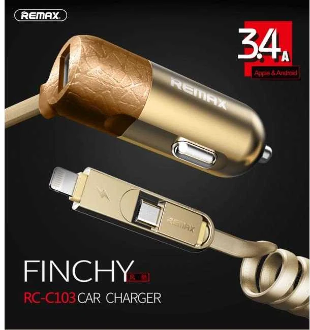 REMAX automobilinis įkroviklis RCC-103 Finchy – USB – 3,4A su „Lightning“ + „MicroUSB“ laidu, sidabrinis