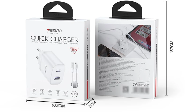 Buit.krov.Yesido YC108 35W 1XUSB 1XUSB-C + CC kab.