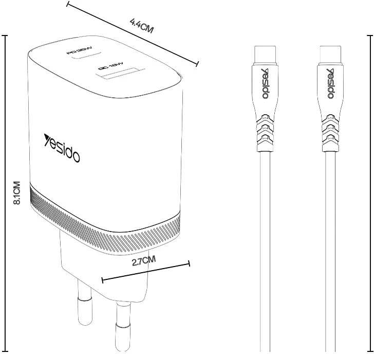 Buit.krov.Yesido YC108 35W 1XUSB 1XUSB-C + CC kab.