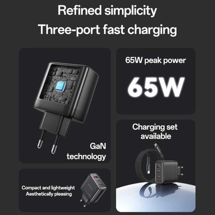Buit.krov.Yesido YC144 GaN 65W 1XUSB 2XUSB-C aprašymas - Prekės nuotrauka