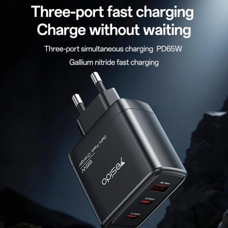 Buit.krov.Yesido YC144 GaN 65W 1XUSB 2XUSB-C aprašymas - Prekės nuotrauka
