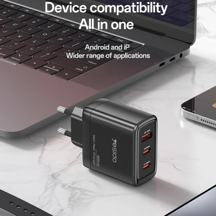 Buit.krov.Yesido YC144 GaN 65W 1XUSB 2XUSB-C aprašymas - Prekės nuotrauka