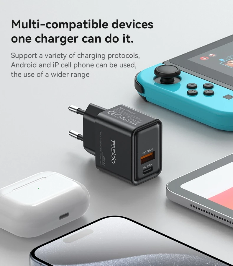 Buit.krov.Yesido YC64 GaN 30W 1X USB 1XUSB-C aprašymas - Prekės nuotrauka