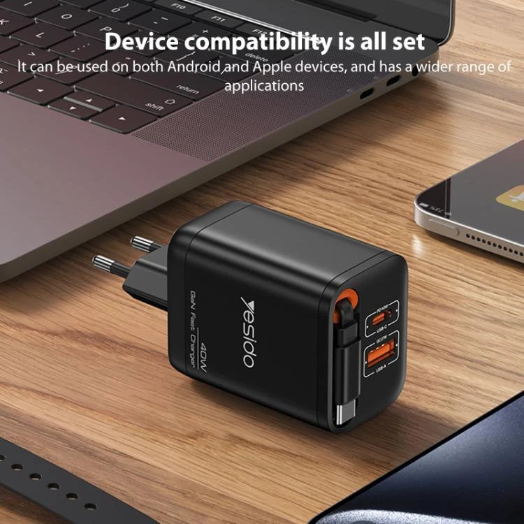 Buit.krov.Yesido YC99 40W GaN USB+Type-C + USB-C kab. aprašymas - Prekės nuotrauka