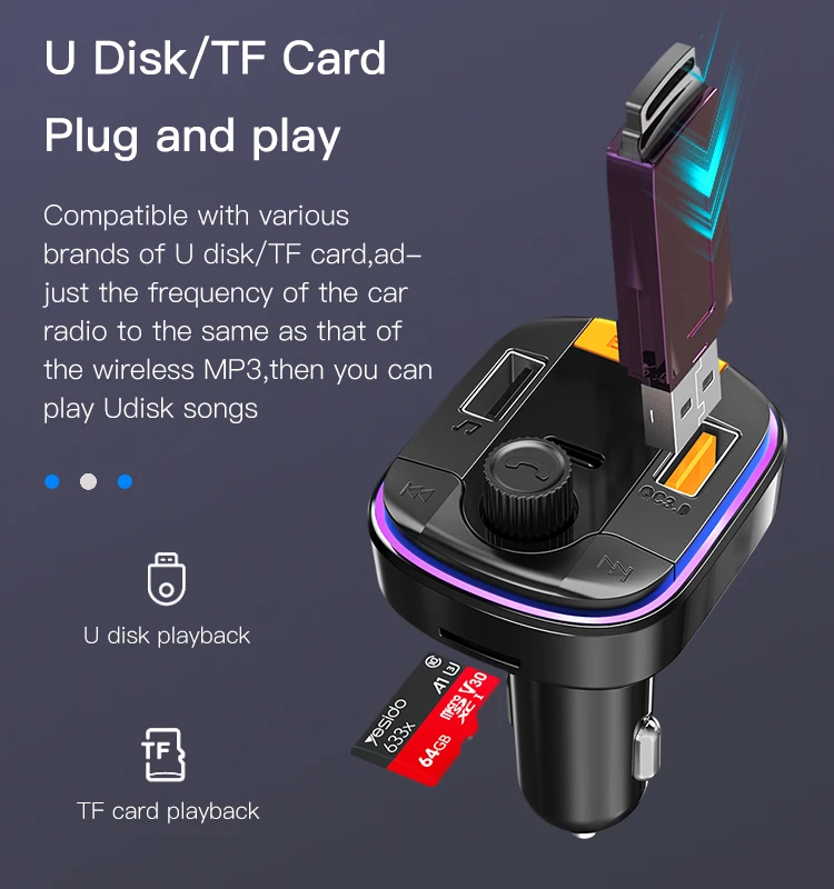 „Yesido“ FM siųstuvas Y45 MP3, „Bluetooth“ - 2xUSB + C tipo + „Micro SD“ - QC 18W PD 20W juodas aprašymas - Prekės nuotrauka