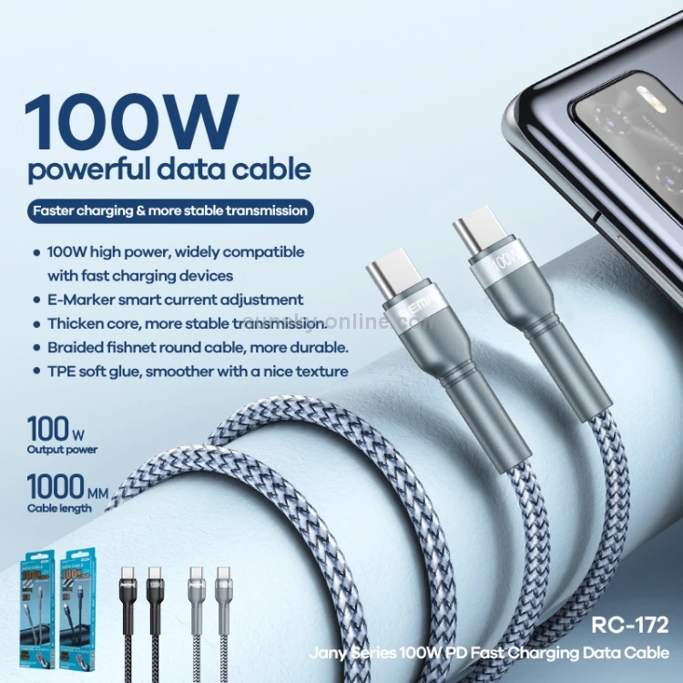 Kab.Remax Jany C to C RC-172 100W 1M Fast Charging aprašymas - Prekės nuotrauka