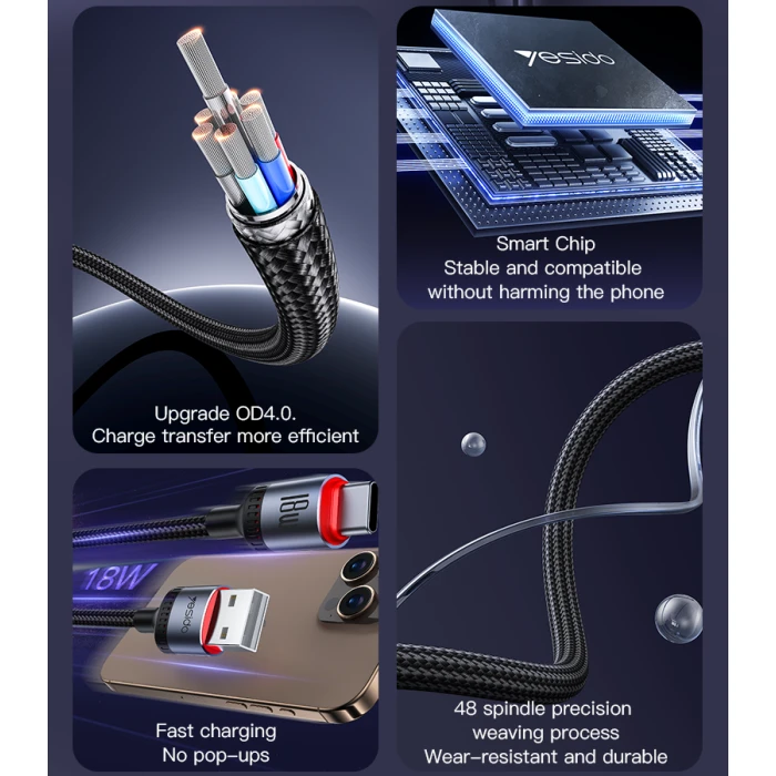 Kab.Yesido CA130C USB to USB-C juodas 18W 2 m aprašymas - Prekės nuotrauka