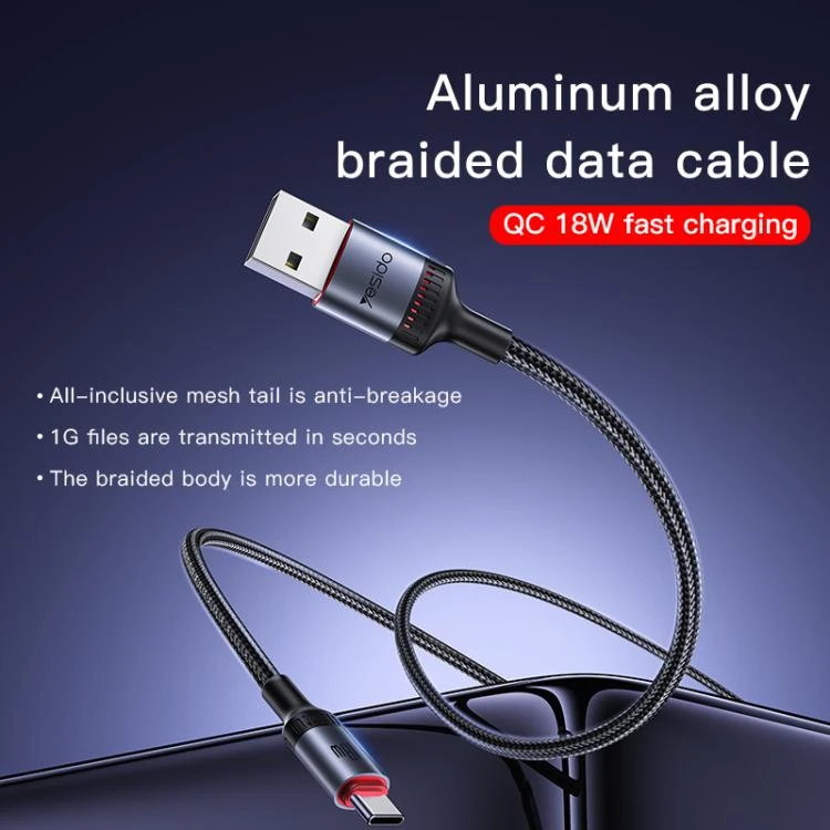 Kab.Yesido CA130C USB to USB-C juodas 18W 2 m aprašymas - Prekės nuotrauka