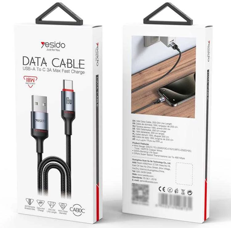 Kab.Yesido CA130C USB to USB-C juodas 18W 2 m