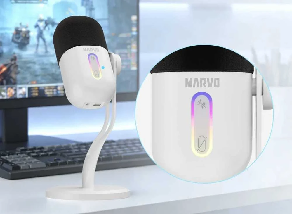 Marvo MIC-08 RGB baltas laidinis mikrofonas |USB