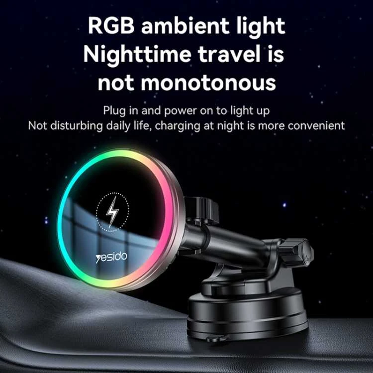 Yesido C315 RGB automob. telefono laikiklis su bevieliu krovimu 15W