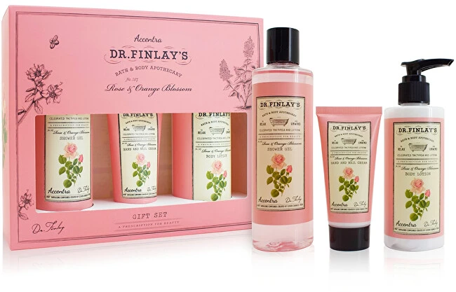 „Accentra“ vonios rinkinys DR. FINLAY`S dovanų dėžutėje: rožių ir apelsinų žiedų aromatas, dušo želė 240 ml, kūno losjonas 190 ml, rankų ir nagų kremas 60 ml