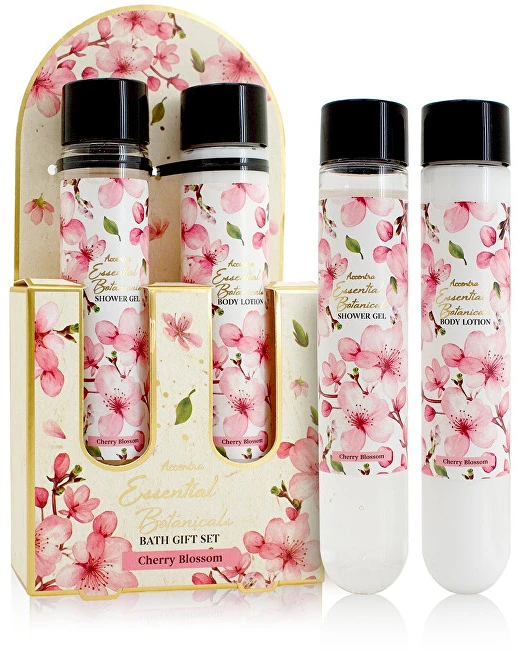 „Accentra“ vonios rinkinys „ESSENTIAL BOTANICS“ vyšnių žiedų kvapo tūbelė dovanų dėžutėje, dušo želė 60 ml, kūno losjonas 60 ml