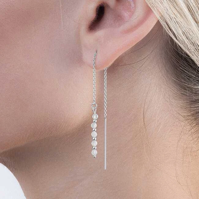 Again Jewelry Sidabriniai auskarai su grandinėle ir mėnulio akmeniu AJKNS003