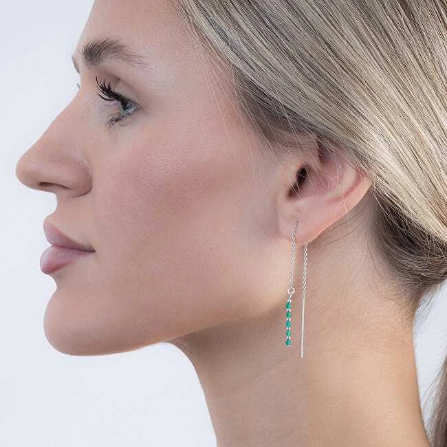 Again Jewelry Sidabriniai auskarai su grandinėle ir smaragdais AJKNS002
