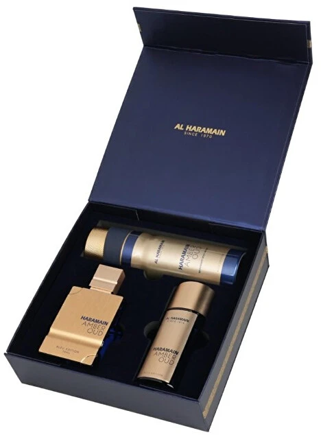 Al Haramain Amber Oud Bleu Edition rinkinys: 75ml EDP purškiklis + 30ml EDP purškiklis + 200ml dezodorantas