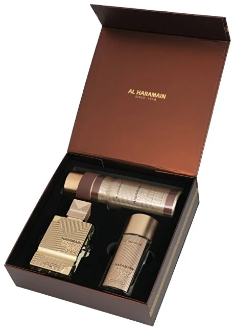 Al Haramain „Amber Oud Gold Edition Extreme“ rinkinys su kvepalų ekstraktu (75 ml) + kvepalų ekstraktu (30 ml) + dezodorantu (200 ml)